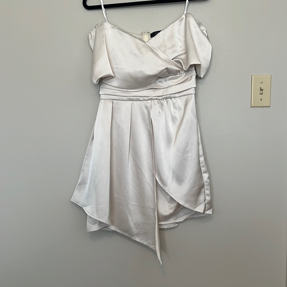 LuLu’s Always Celebrating Ivory Satin Off-the-Shoulder Mini Dress